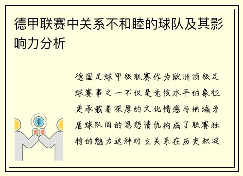 德甲联赛中关系不和睦的球队及其影响力分析